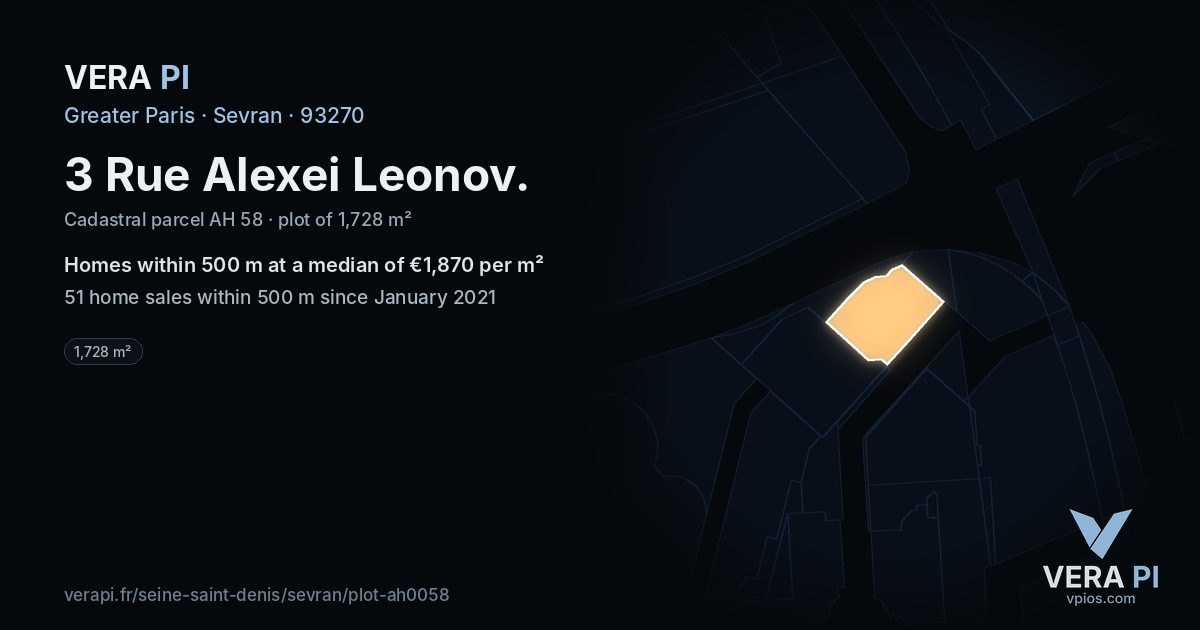3 Rue Alexei Leonov, Sevran at night – the plot lit, the parcels around coloured by the prices near them
