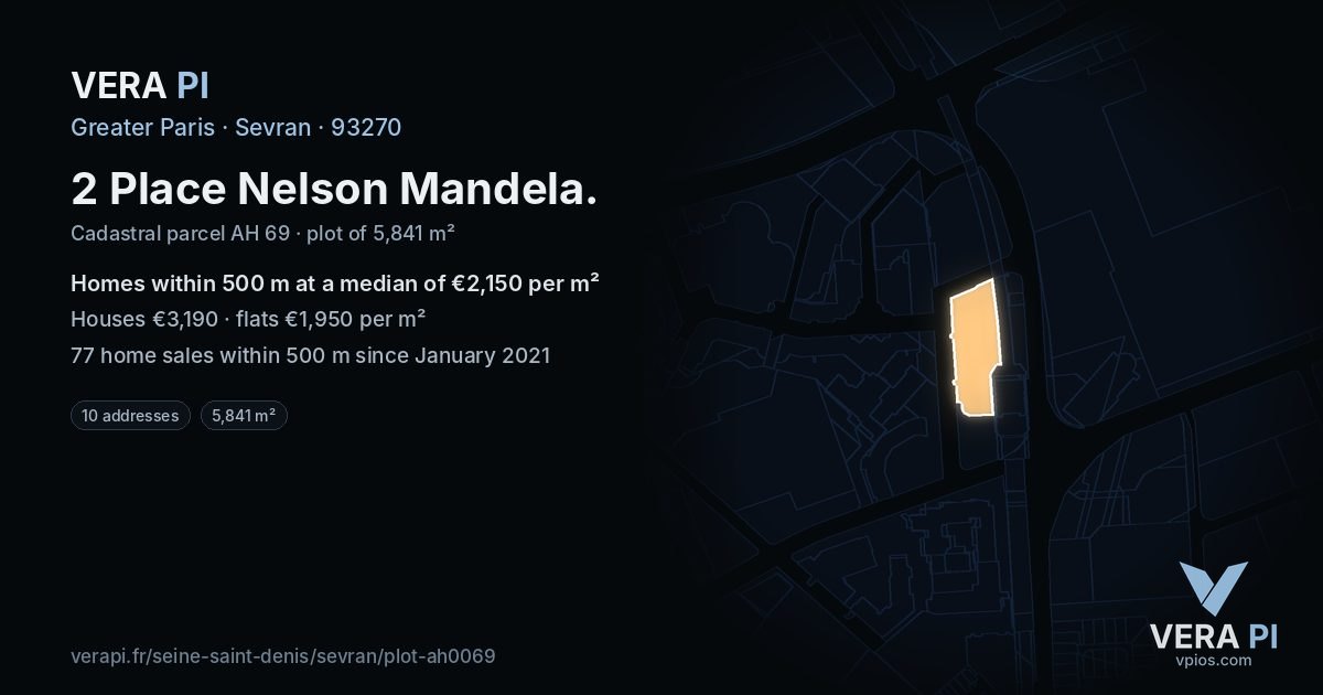 2 Place Nelson Mandela, Sevran at night – the plot lit, the parcels around coloured by the prices near them