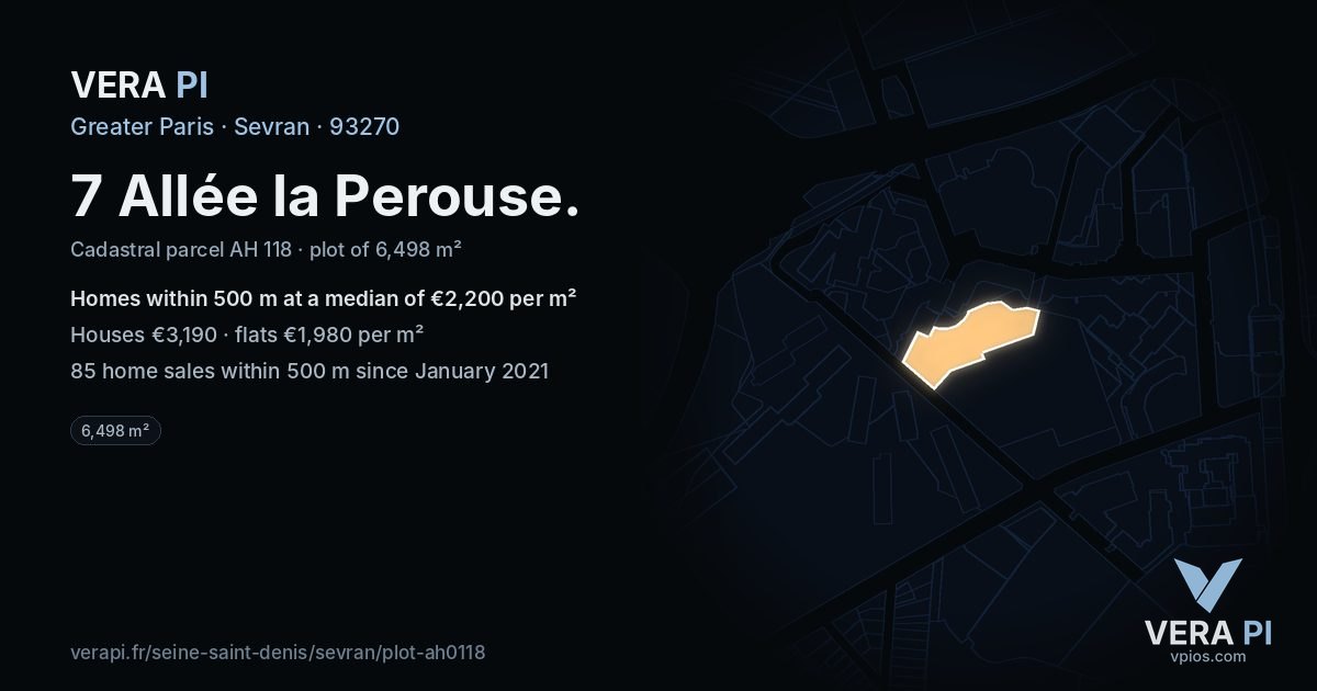 7 Allée la Perouse, Sevran at night – the plot lit, the parcels around coloured by the prices near them