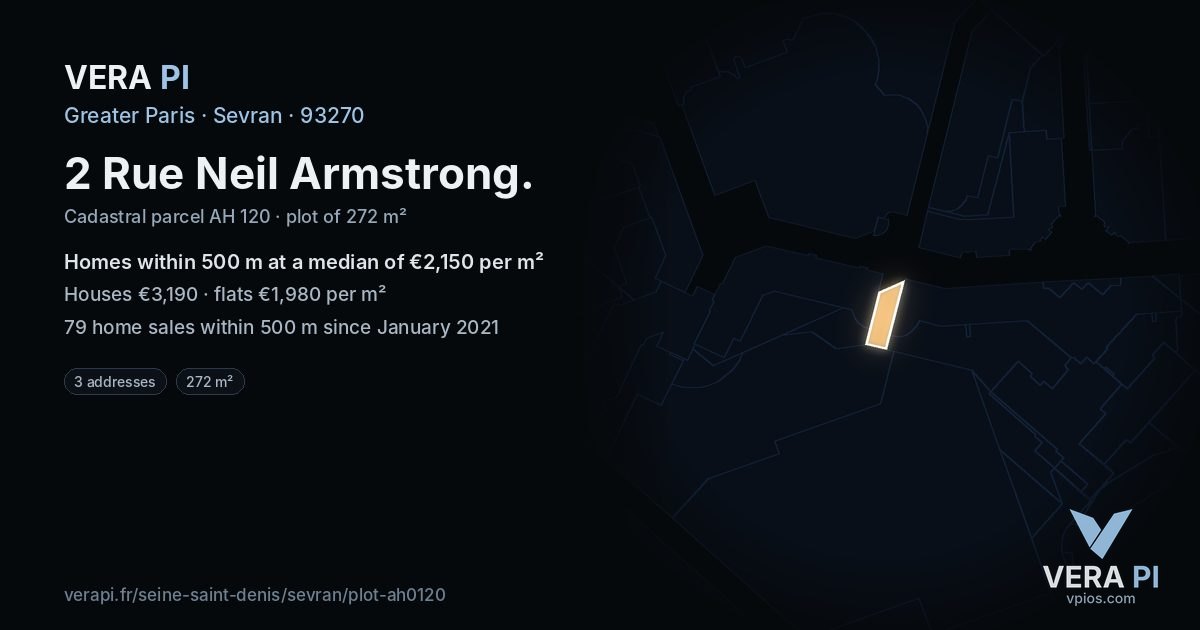 2 Rue Neil Armstrong, Sevran at night – the plot lit, the parcels around coloured by the prices near them
