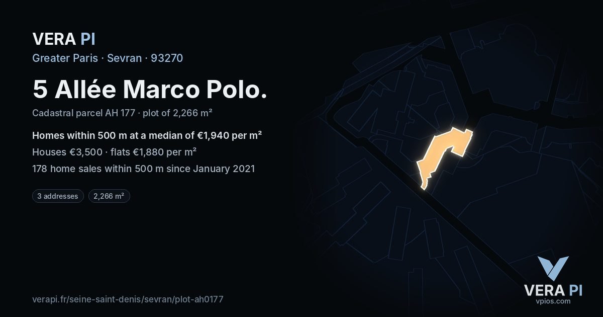 5 Allée Marco Polo, Sevran at night – the plot lit, the parcels around coloured by the prices near them