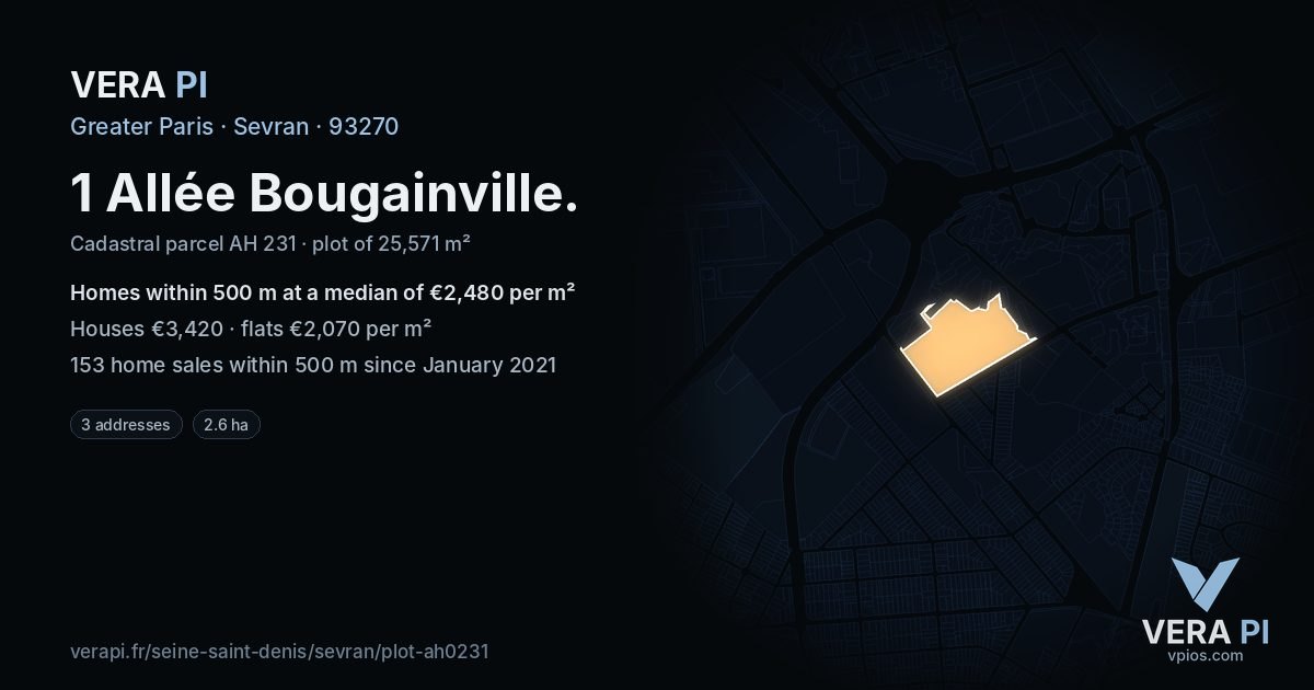 1 Allée Bougainville, Sevran at night – the plot lit, the parcels around coloured by the prices near them