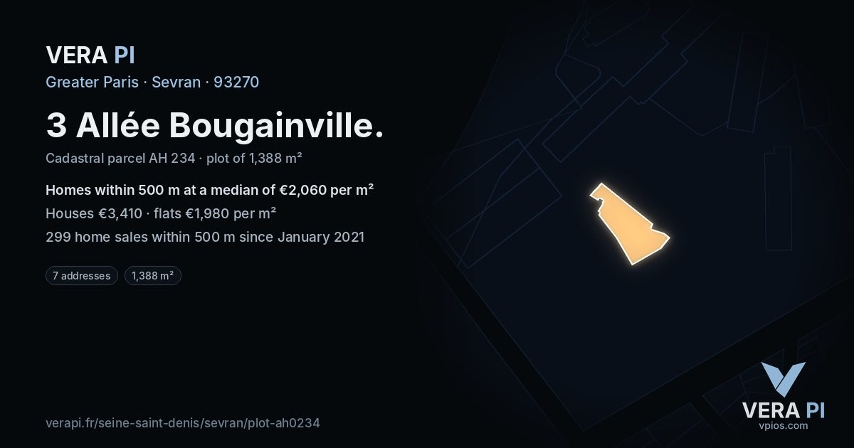 3 Allée Bougainville, Sevran at night – the plot lit, the parcels around coloured by the prices near them