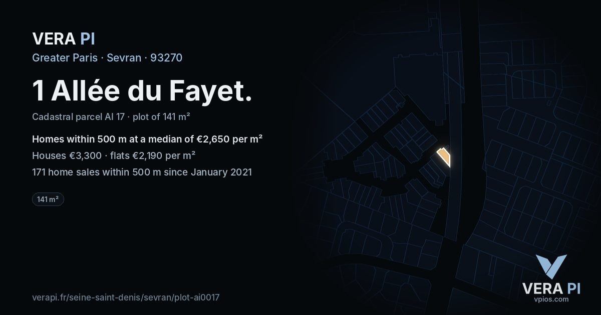 1 Allée du Fayet, Sevran at night – the plot lit, the parcels around coloured by the prices near them