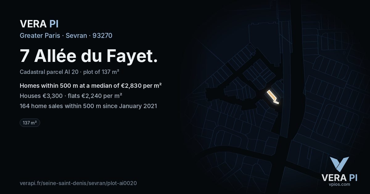 7 Allée du Fayet, Sevran at night – the plot lit, the parcels around coloured by the prices near them