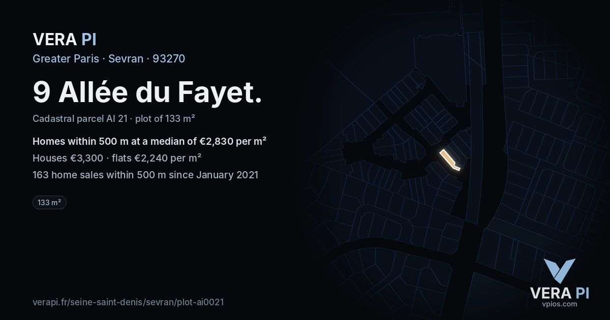 9 Allée du Fayet, Sevran at night – the plot lit, the parcels around coloured by the prices near them