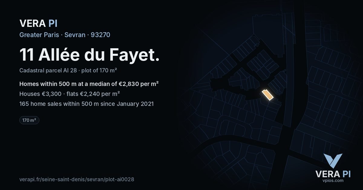 11 Allée du Fayet, Sevran at night – the plot lit, the parcels around coloured by the prices near them