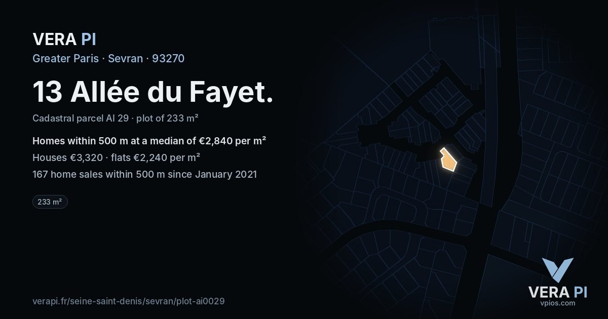 13 Allée du Fayet, Sevran at night – the plot lit, the parcels around coloured by the prices near them