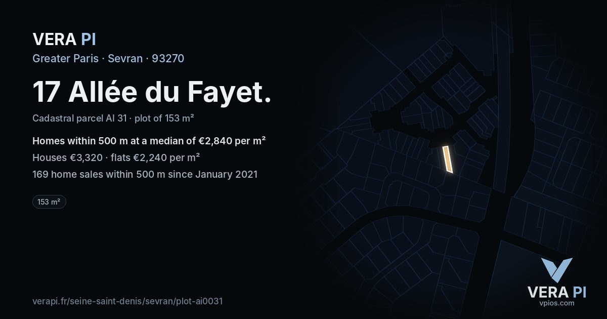 17 Allée du Fayet, Sevran at night – the plot lit, the parcels around coloured by the prices near them