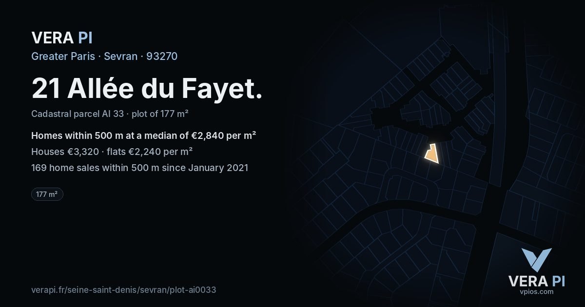 21 Allée du Fayet, Sevran at night – the plot lit, the parcels around coloured by the prices near them