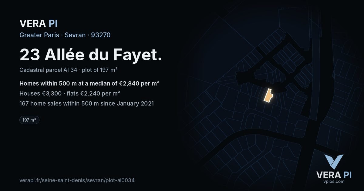 23 Allée du Fayet, Sevran at night – the plot lit, the parcels around coloured by the prices near them