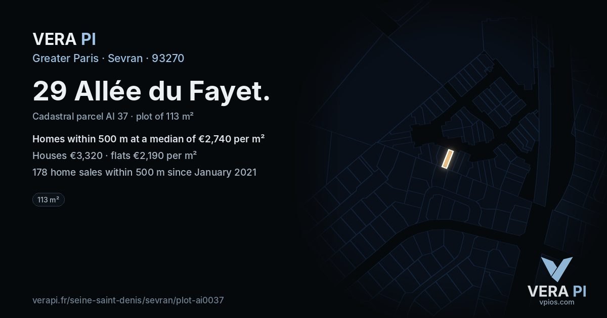 29 Allée du Fayet, Sevran at night – the plot lit, the parcels around coloured by the prices near them