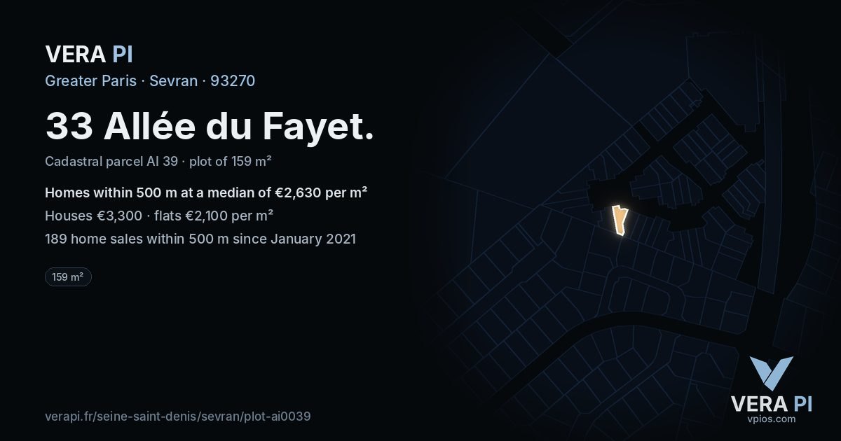 33 Allée du Fayet, Sevran at night – the plot lit, the parcels around coloured by the prices near them