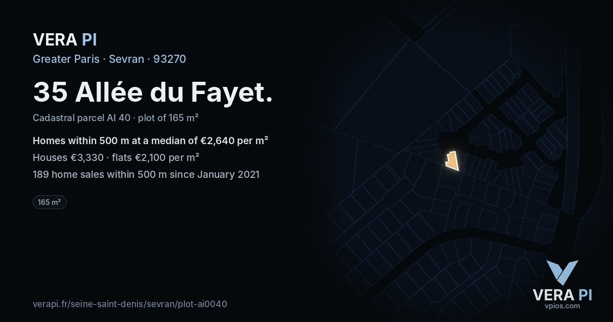35 Allée du Fayet, Sevran at night – the plot lit, the parcels around coloured by the prices near them