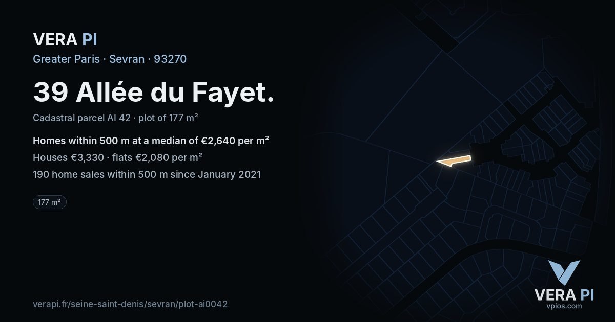 39 Allée du Fayet, Sevran at night – the plot lit, the parcels around coloured by the prices near them
