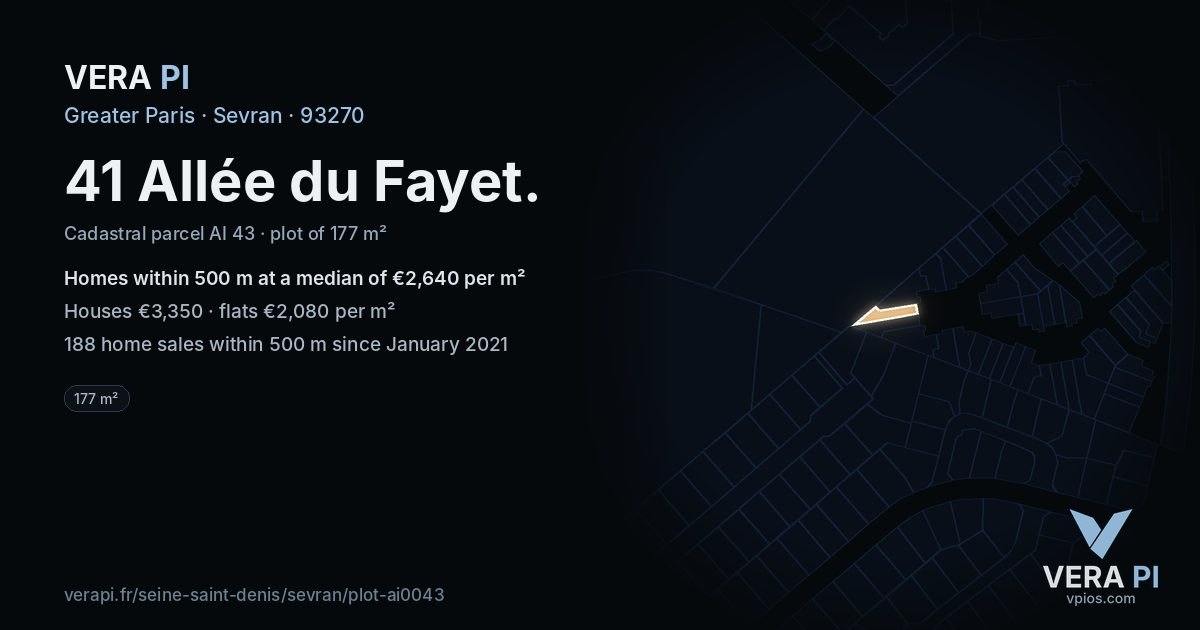 41 Allée du Fayet, Sevran at night – the plot lit, the parcels around coloured by the prices near them