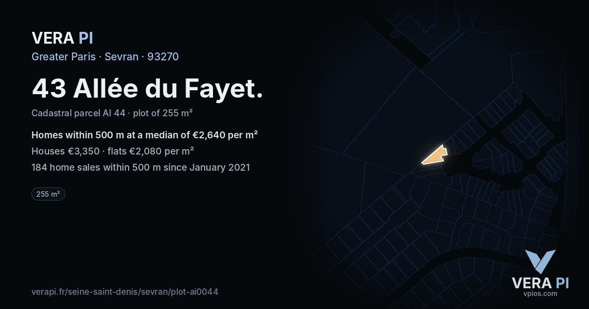 43 Allée du Fayet, Sevran at night – the plot lit, the parcels around coloured by the prices near them