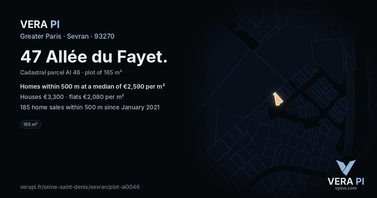 47 Allée du Fayet, Sevran at night – the plot lit, the parcels around coloured by the prices near them