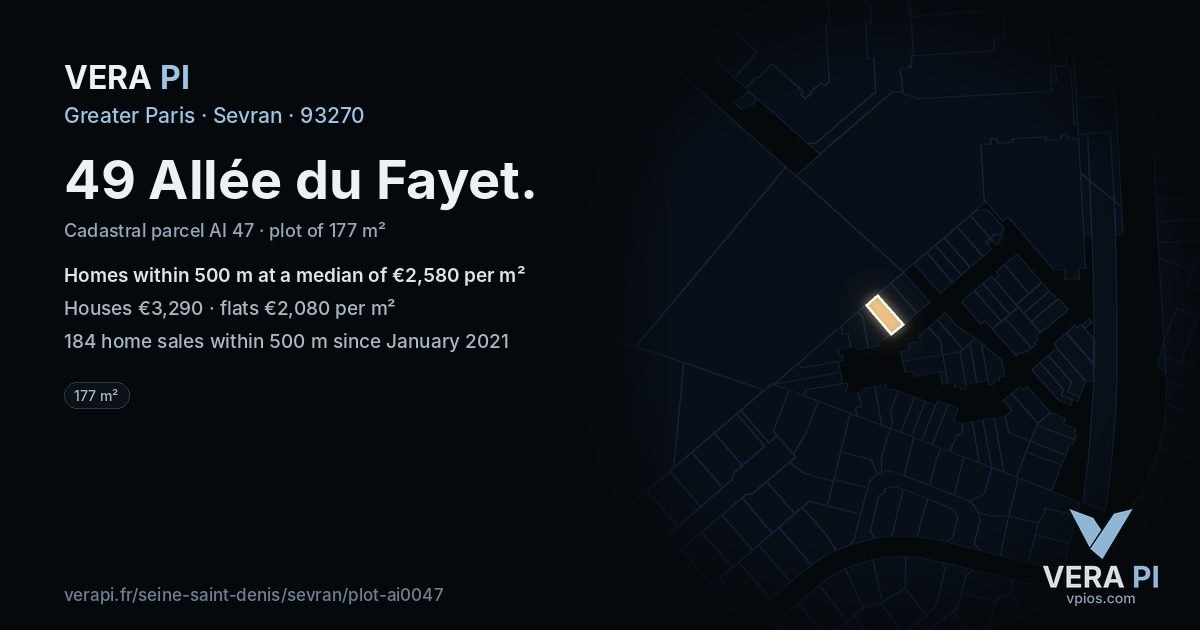 49 Allée du Fayet, Sevran at night – the plot lit, the parcels around coloured by the prices near them