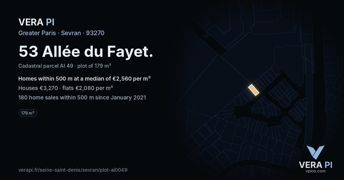 53 Allée du Fayet, Sevran at night – the plot lit, the parcels around coloured by the prices near them