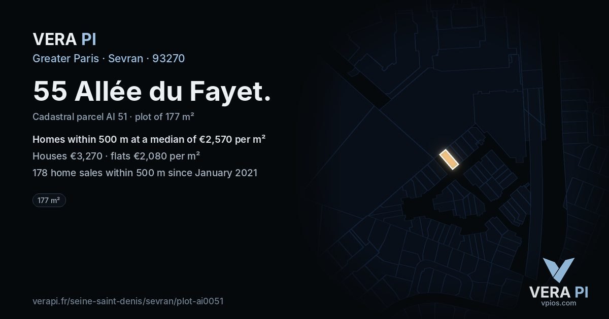 55 Allée du Fayet, Sevran at night – the plot lit, the parcels around coloured by the prices near them