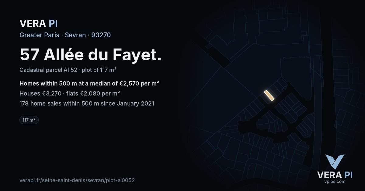 57 Allée du Fayet, Sevran at night – the plot lit, the parcels around coloured by the prices near them