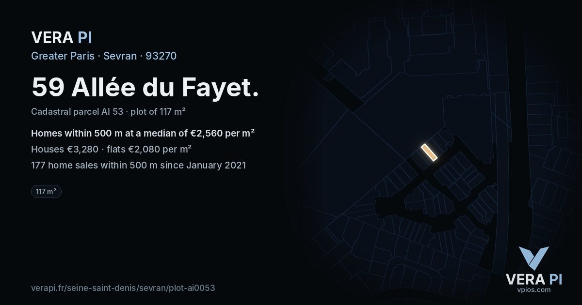 59 Allée du Fayet, Sevran at night – the plot lit, the parcels around coloured by the prices near them