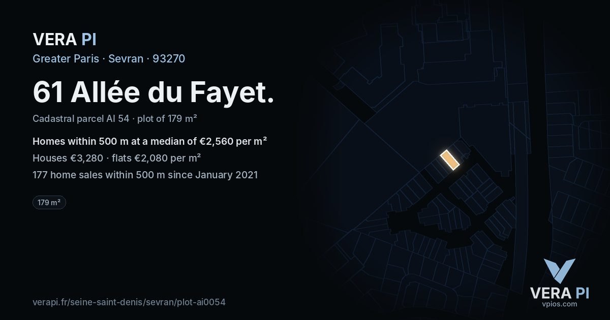 61 Allée du Fayet, Sevran at night – the plot lit, the parcels around coloured by the prices near them