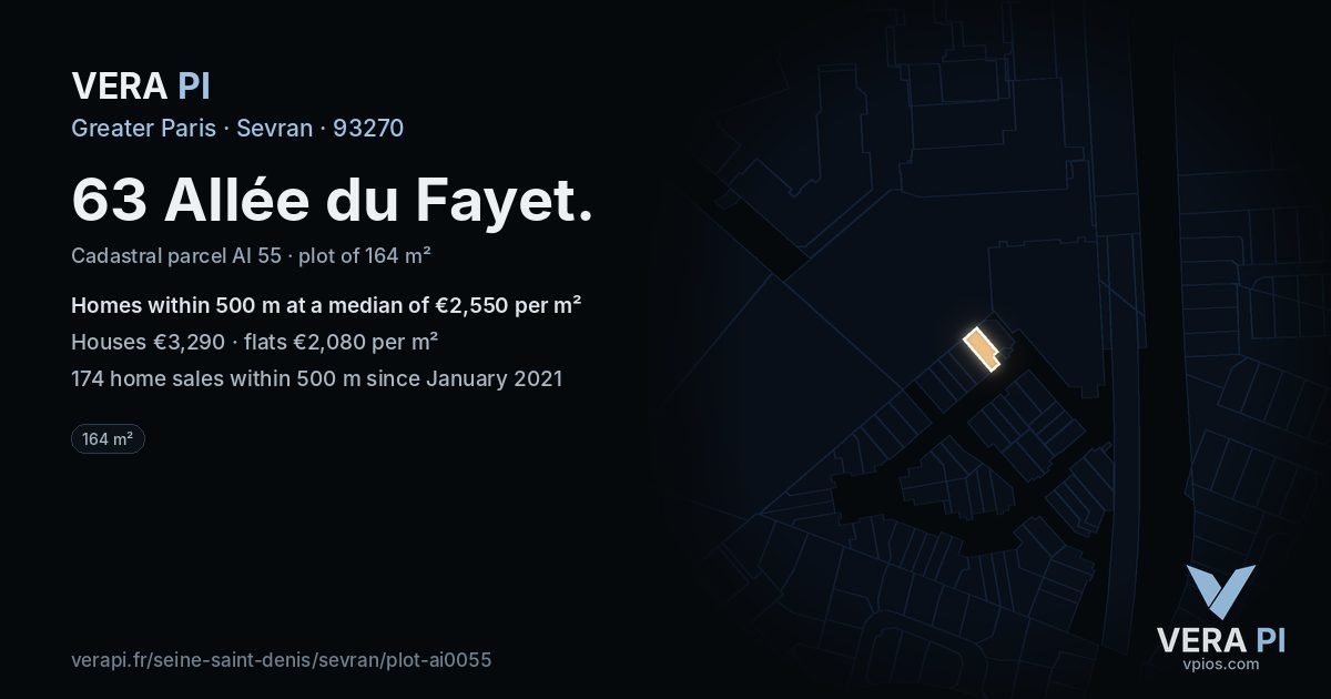 63 Allée du Fayet, Sevran at night – the plot lit, the parcels around coloured by the prices near them
