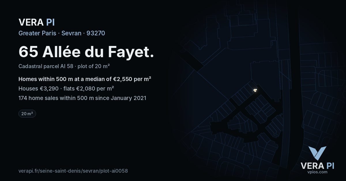 65 Allée du Fayet, Sevran at night – the plot lit, the parcels around coloured by the prices near them