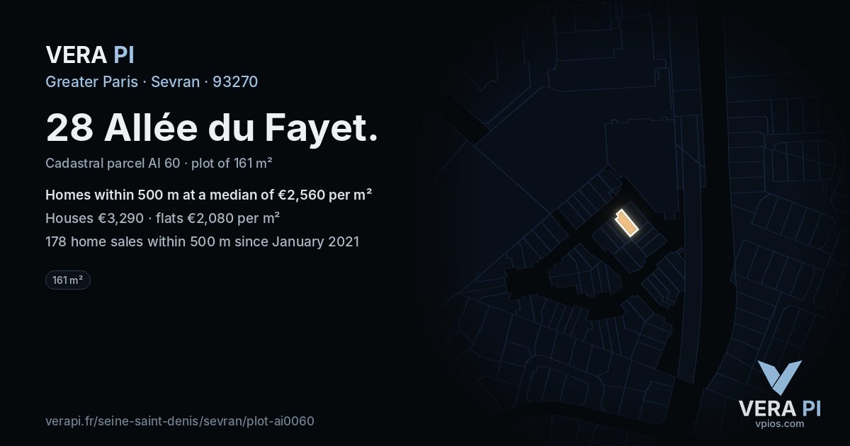 28 Allée du Fayet, Sevran at night – the plot lit, the parcels around coloured by the prices near them