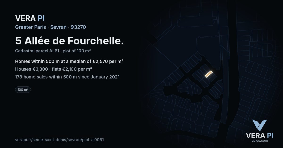 5 Allée de Fourchelle, Sevran at night – the plot lit, the parcels around coloured by the prices near them