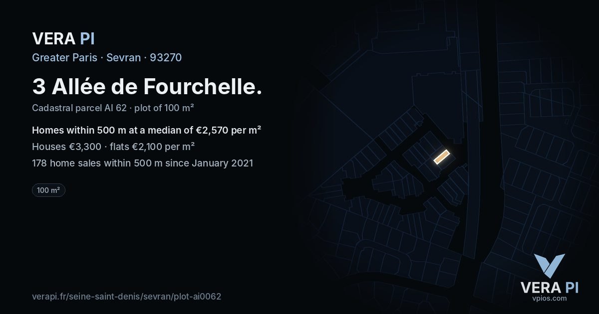 3 Allée de Fourchelle, Sevran at night – the plot lit, the parcels around coloured by the prices near them