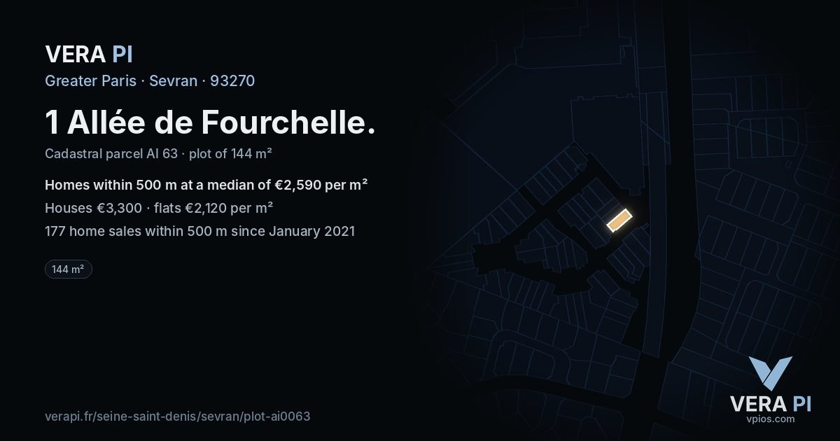 1 Allée de Fourchelle, Sevran at night – the plot lit, the parcels around coloured by the prices near them