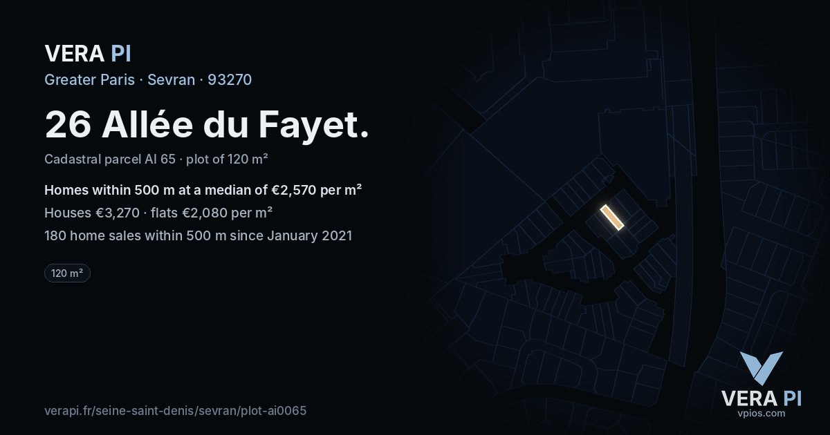 26 Allée du Fayet, Sevran at night – the plot lit, the parcels around coloured by the prices near them