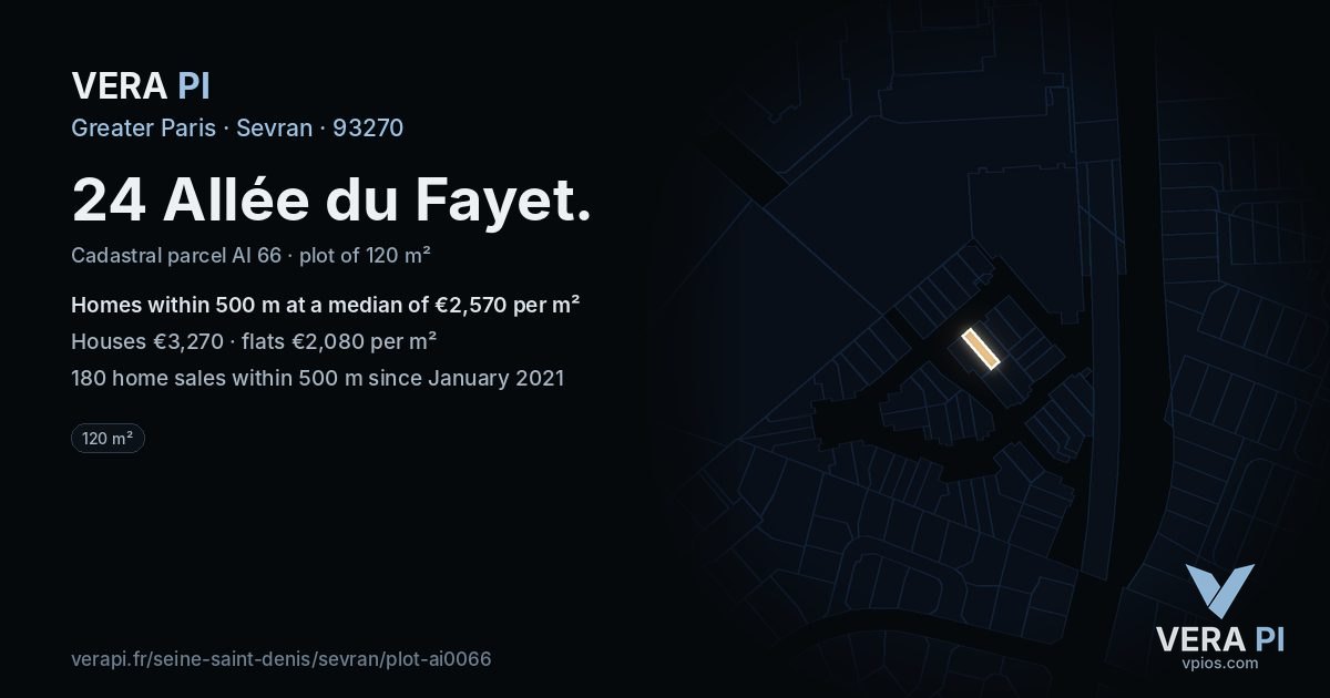 24 Allée du Fayet, Sevran at night – the plot lit, the parcels around coloured by the prices near them