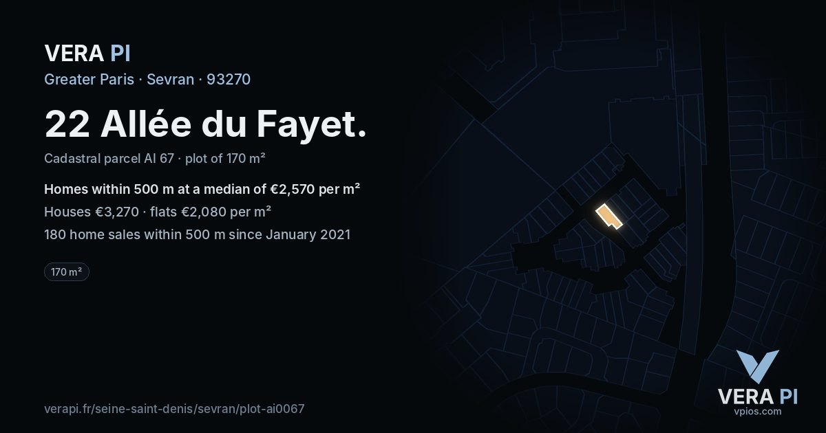 22 Allée du Fayet, Sevran at night – the plot lit, the parcels around coloured by the prices near them