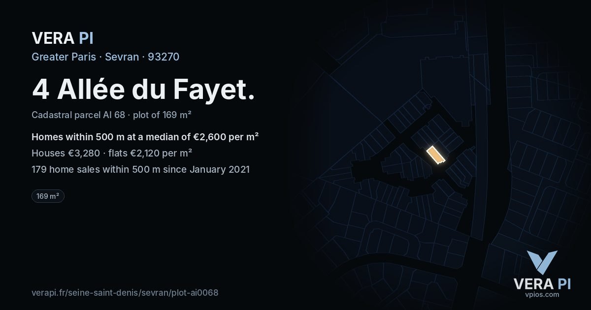 4 Allée du Fayet, Sevran at night – the plot lit, the parcels around coloured by the prices near them