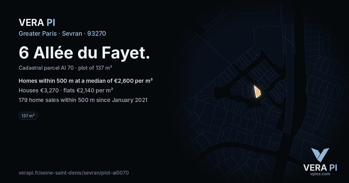 6 Allée du Fayet, Sevran at night – the plot lit, the parcels around coloured by the prices near them