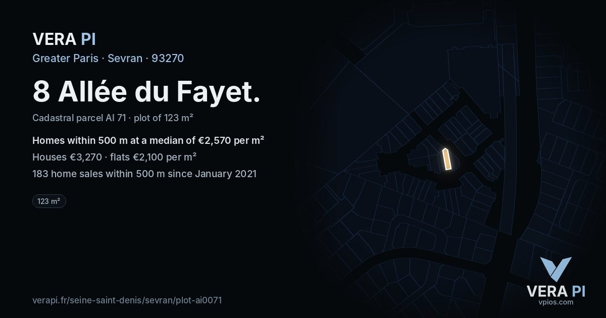 8 Allée du Fayet, Sevran at night – the plot lit, the parcels around coloured by the prices near them