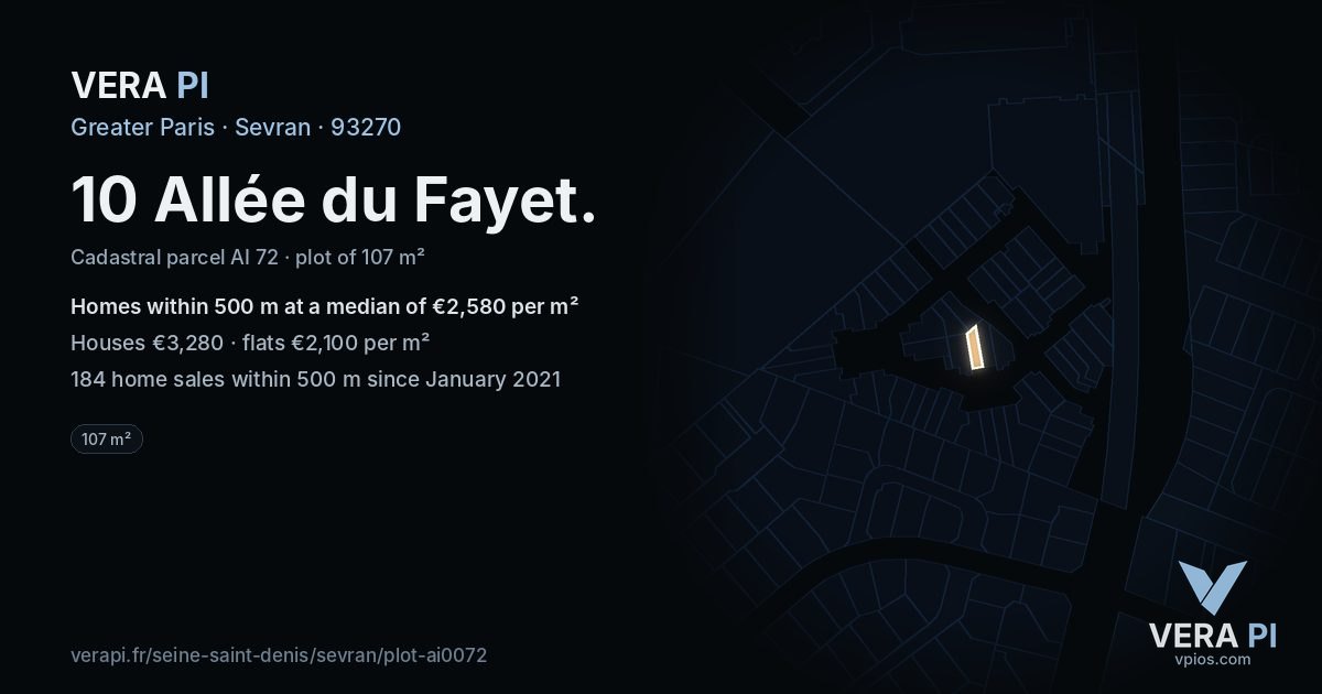 10 Allée du Fayet, Sevran at night – the plot lit, the parcels around coloured by the prices near them