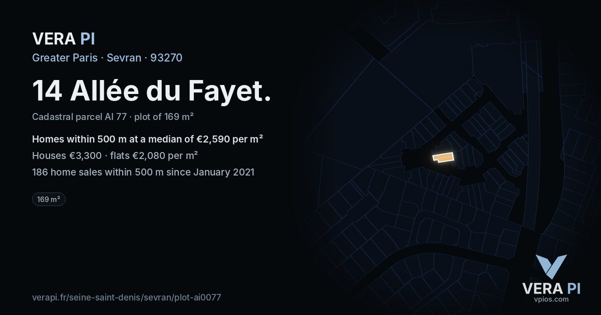 14 Allée du Fayet, Sevran at night – the plot lit, the parcels around coloured by the prices near them