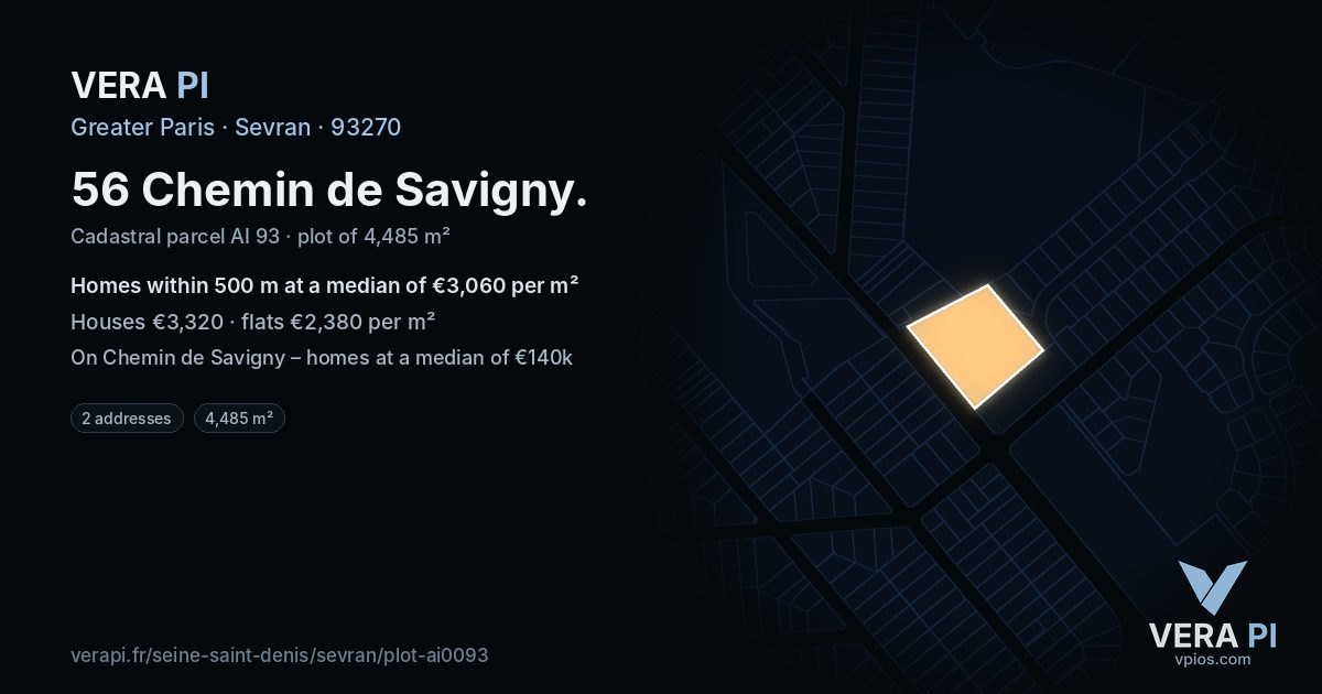 56 Chemin de Savigny, Sevran at night – the plot lit, the parcels around coloured by the prices near them