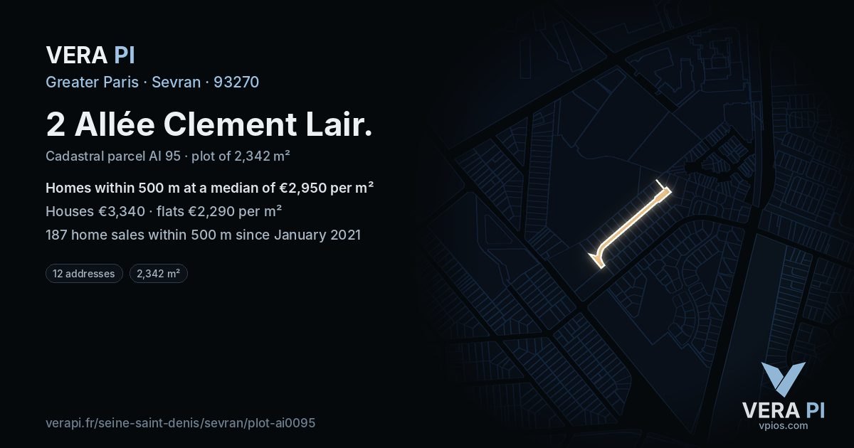 2 Allée Clement Lair, Sevran at night – the plot lit, the parcels around coloured by the prices near them