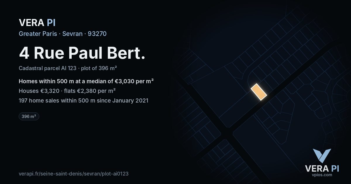 4 Rue Paul Bert, Sevran at night – the plot lit, the parcels around coloured by the prices near them