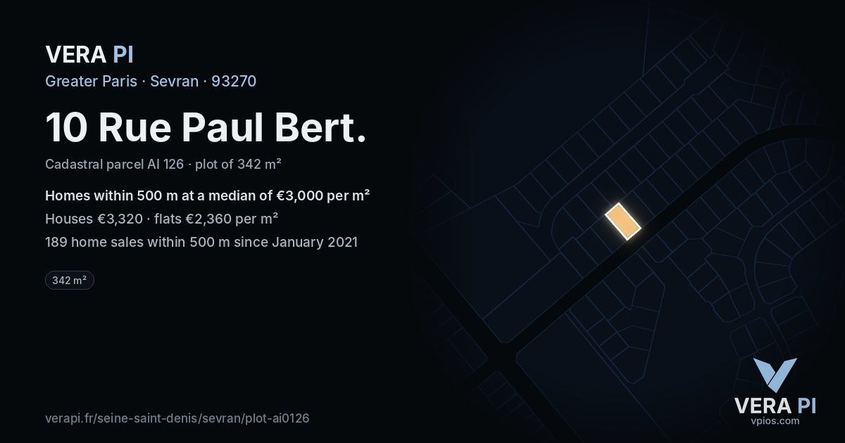 10 Rue Paul Bert, Sevran at night – the plot lit, the parcels around coloured by the prices near them