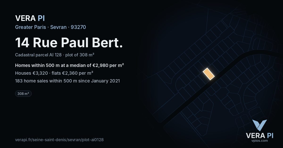 14 Rue Paul Bert, Sevran at night – the plot lit, the parcels around coloured by the prices near them