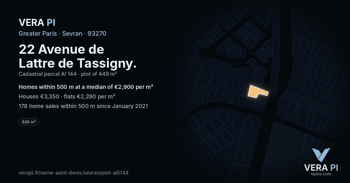 22 Avenue de Lattre de Tassigny, Sevran at night – the plot lit, the parcels around coloured by the prices near them