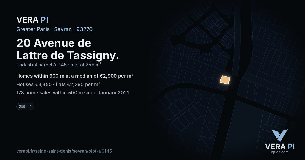 20 Avenue de Lattre de Tassigny, Sevran at night – the plot lit, the parcels around coloured by the prices near them