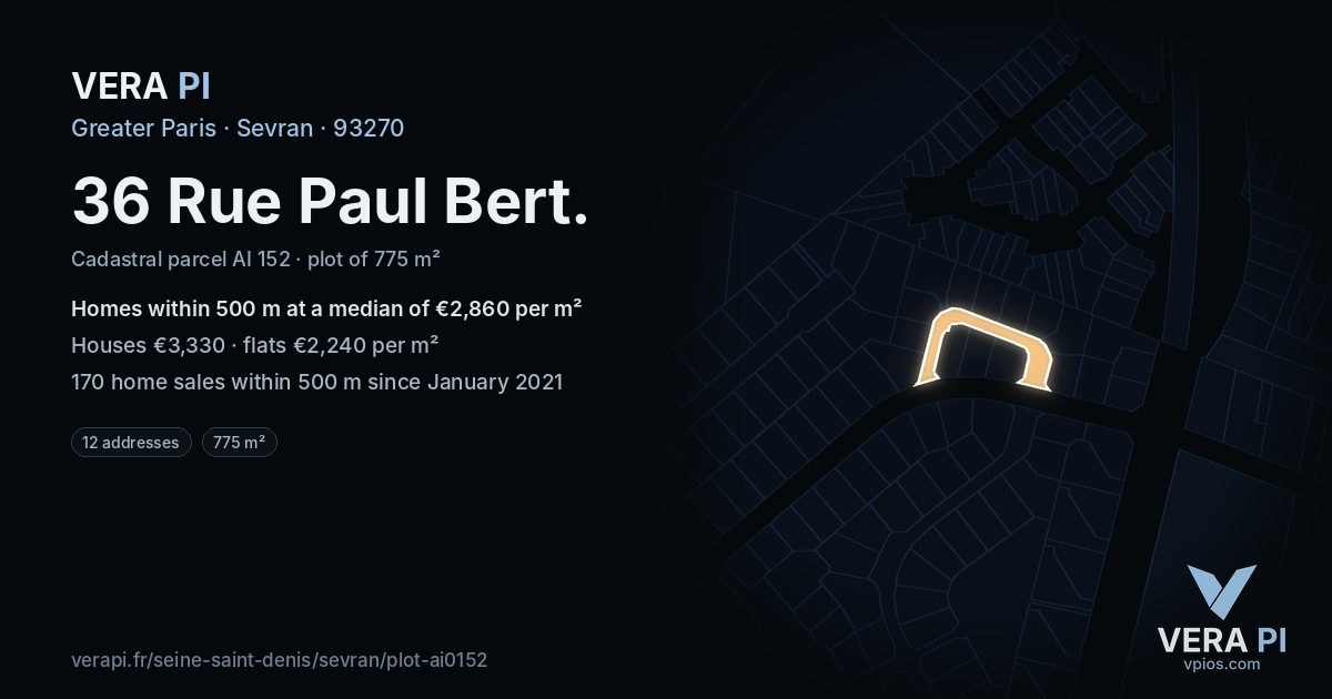 36 Rue Paul Bert, Sevran at night – the plot lit, the parcels around coloured by the prices near them
